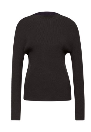 Schwarzer gerippter Pullover mit langen Ärmeln, rundem Ausschnitt und kontrastierendem dunkelviolettem Innenfutter. Einfaches Design mit minimalen Details.