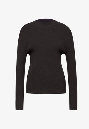 Czarny sweter prążkowany z długimi rękawami, okrągłym dekoltem i kontrastującym ciemnofioletowym wnętrzem. Prosty design z minimalnymi detalami.