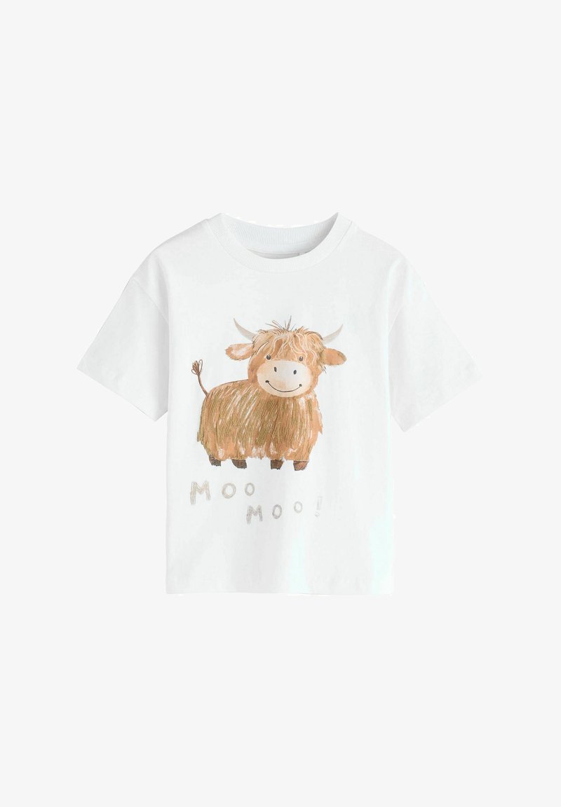 White short-sleeve shirt with a smiling brown cartoon cow and the text "Moo Moo!" printed below the cow.