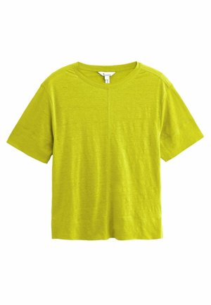 T-shirt vert citron à manches courtes avec col rond et couture verticale centrale sur fond blanc.