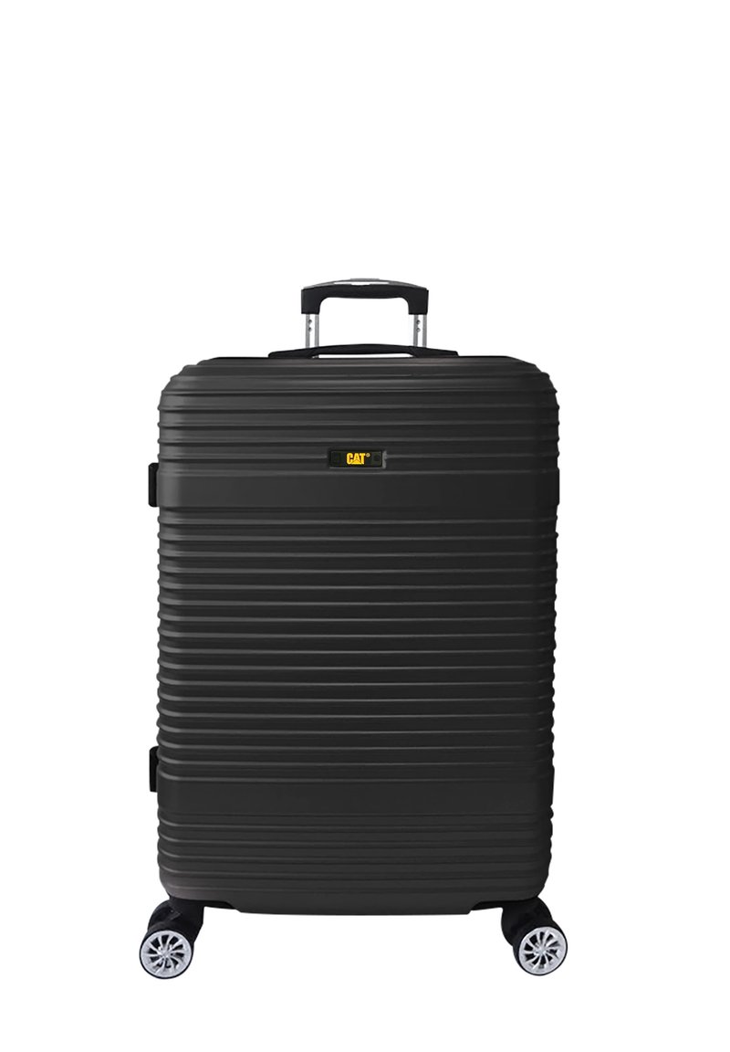 Maleta rígida negra con textura estriada, asa extensible y cuatro ruedas. Presenta un logo amarillo en la parte frontal.