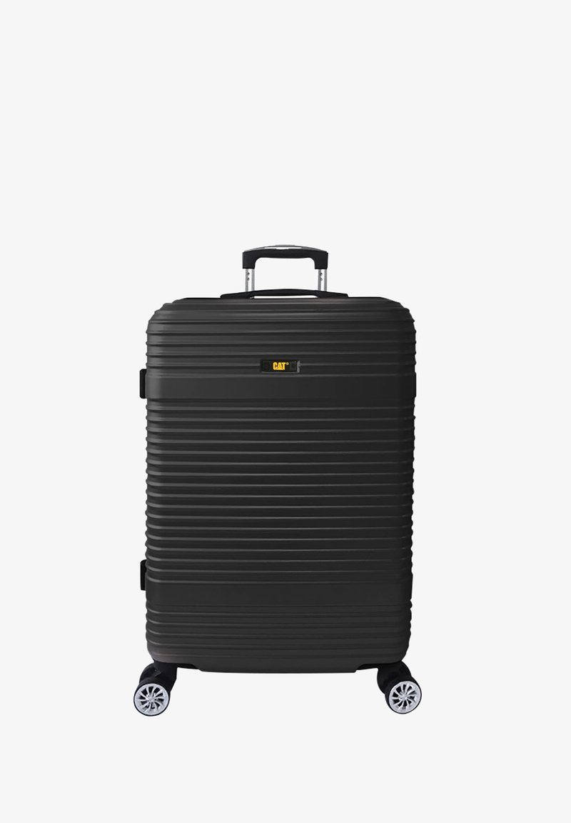 Valise rigide noire avec texture rainurée, poignée télescopique et quatre roues. Présente un logo jaune sur le devant.