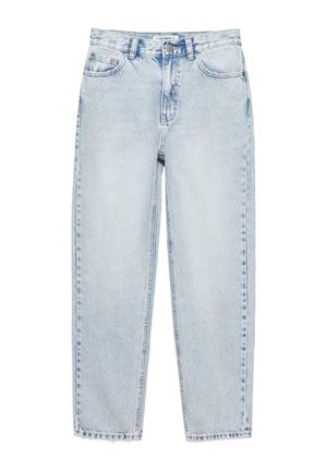 Lichtblauwe denim jeans met een losse pasvorm, vijf zakken en een onafgewerkte zoom bij de enkels. De stof heeft een vervaagde, licht gestructureerde uitstraling.
