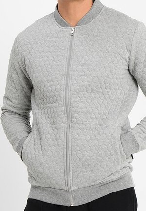 Uomo che indossa una giacca trapuntata grigio chiaro con zip, colletto, polsini e orlo a coste, mani nelle tasche, su sfondo neutro.