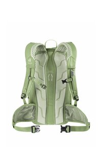 Mochila verde claro con acolchado de malla, diseño ergonómico, correas ajustables y hebillas. Presenta una forma aerodinámica y áreas de ventilación.