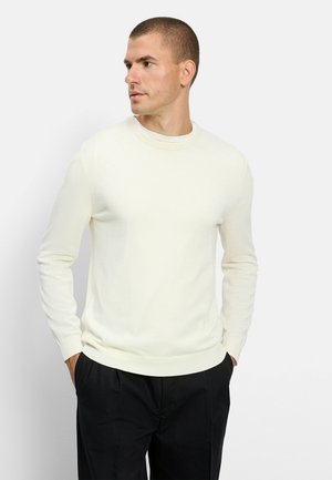 Uomo con capelli corti che indossa un maglione a maniche lunghe di colore crema e pantaloni neri, in piedi con le mani in tasca e lo sguardo rivolto a sinistra.