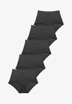 Pieci pāri augsta vidukļa melnu apakšveļu, kas izgatavota no gludas auduma, ar vienkāršu dizainu un elastīgu jostu ar dekoratīviem akcentiem.