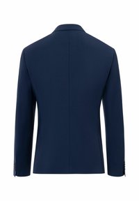 Navy-Anzugjacke, Rückansicht. Merkmale einen geraden Schnitt, taillierte Passform und Reverskragen. Glattes, strukturiertes Gewebe mit subtilen Nähdetails.