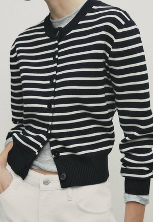 Black and white horizontal striped buttoned cardigan worn over a gray top, paired with light-colored pants.