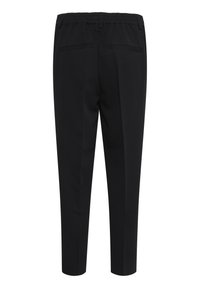Pantalons noirs avec une coupe droite, dotés d'une taille élastique et de deux poches arrière. Fabriqués en matériau léger et lisse.