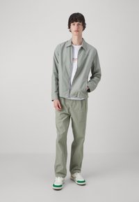 Jachetă gri deschis cu guler, purtată peste o cămașă albă. Pantaloni verzi, lejer, și adidași albi cu accente verzi. Design minimalist.