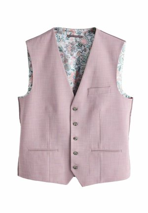 Šviesiai rožinė pritaikyta liemenė su penkiais mygtukais, kišenėmis su įsiuvais ir gėlių rašto pamušalu rankovių angose bei apykaklėje.