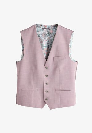 Šviesiai rožinė pritaikyta liemenė su penkiais mygtukais, kišenėmis su įsiuvais ir gėlių rašto pamušalu rankovių angose bei apykaklėje.