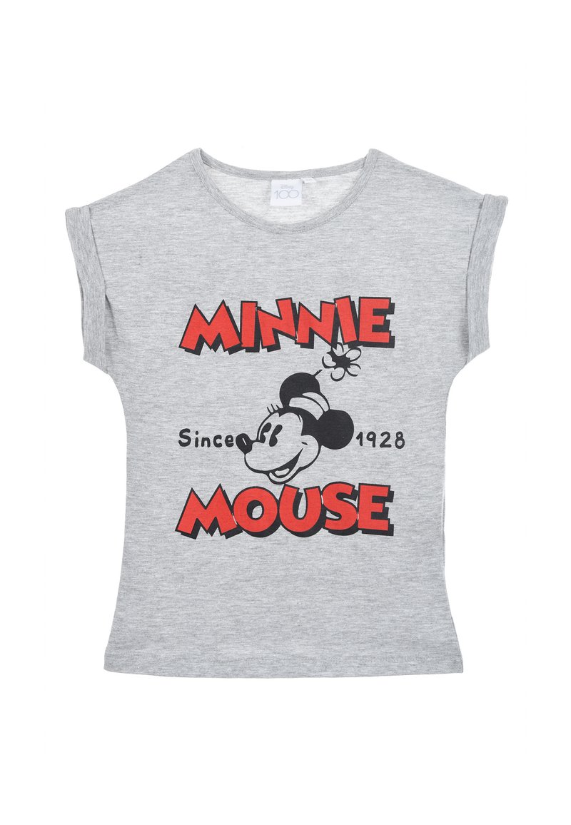 Camiseta de algodón gris con mangas enrolladas, que presenta un gráfico en negro y rojo de Minnie Mouse y el texto "MINNIE MOUSE Desde 1928."