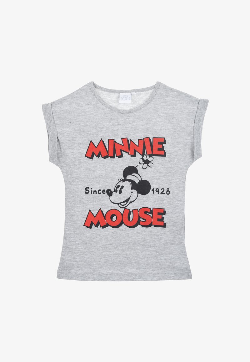 Camiseta de algodón gris con mangas enrolladas, que presenta un gráfico en negro y rojo de Minnie Mouse y el texto "MINNIE MOUSE Desde 1928."