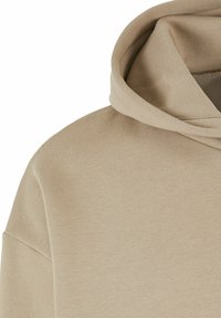Beige Hoodie aus weichem, strukturiertem Material; verfügt über eine doppellagige Kapuze und ein minimalistisches Design; die Schultern sind leicht abgesenkt für mehr Komfort.