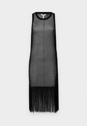 Schwarzes Netzkleid mit ärmellosem Design, das ein Gittermuster und einen fransigen Saum aufweist. Leichtes und transparents Material.