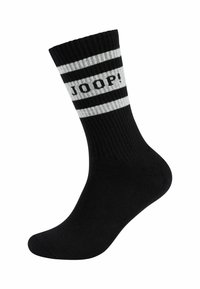 Sort ribbet strømpe med hvide striber og teksten "JOOP!" i fed skrift. Glat tekstur, midt på læggen længde, klassisk design.