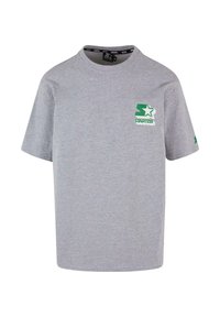 Grå bomulls t-skjorte med korte ermer og rund hals, med en grønn "STARTER" logo og stjernedesign på brystet og ermet.