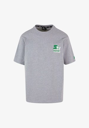 Hall kollane puuvillane T-särk lühikeste varrukatega, ümara kaelusega, millel on rindadele ja varrukatele trükitud roheline "STARTER" logo ja tähtede disain.