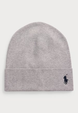 Berretto lavorato a maglia grigio chiaro con risvolto, caratterizzato da un piccolo logo ricamato di un giocatore di polo nero sul lato destro in basso.