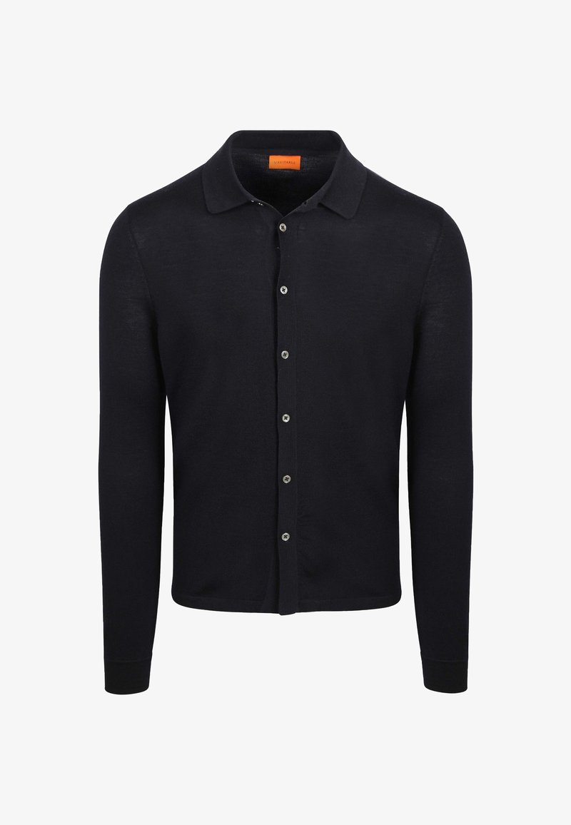 Donkerblauwe knopen cardigan met een kraag, lange mouwen en zilveren knopen. Gemaakt van zachte stof met een gladde textuur.