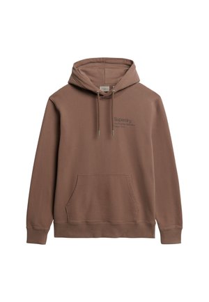 Brown hoodie with a front pocket, drawstring hood, and a printed logo. Made of soft fabric with ribbed cuffs and hem.