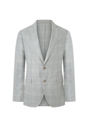 Blazer écossais gris avec un col cranté, deux boutons et deux poches avant. Tissu texturé avec des motifs de carreaux clairs et foncés.