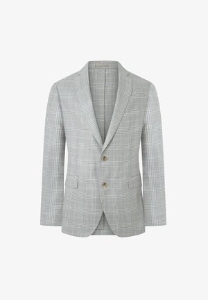 Blazer a quadri grigi con revers, due bottoni e due tasche frontali. Tessuto strutturato con motivi a quadri chiari e scuri.