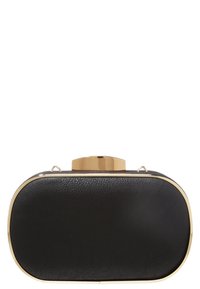 Mustan nahkainen kirjailu, pyöristetyn suorakulmaisen muotoisen, kultasävyisellä varustuksella, klipsisuljenta ja tekstuuripintaisella pinnalla.