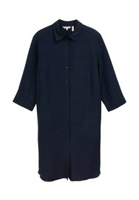 Abito in lino blu navy con colletto a camicia, chiusura frontale con bottoni e maniche a tre quarti, caratterizzato da una vestibilità rilassata e orlo dritto.