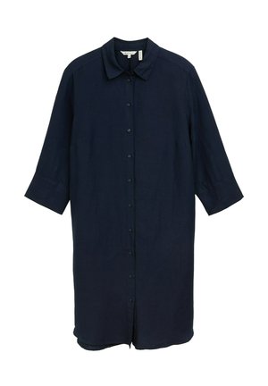 Navyblaues Leinenhemdkleid mit Kragen, durchgehender Knopfleiste und drei Viertelärmeln. Es hat einen lockeren Schnitt und einen geraden Saum.