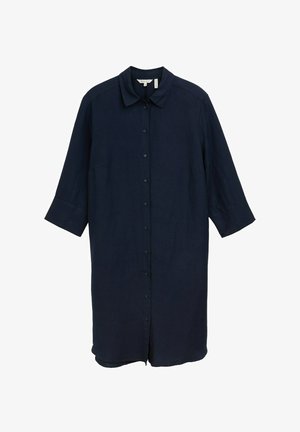Navyblaues Leinenhemdkleid mit Kragen, durchgehender Knopfleiste und drei Viertelärmeln. Es hat einen lockeren Schnitt und einen geraden Saum.