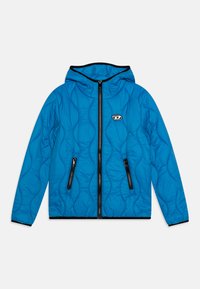 Giacca blu trapuntata con cappuccio, zip frontale e due tasche nere con zip. Presenta un logo vicino alla zip e una superficie testurizzata.