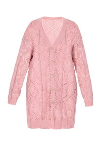 Rózsaszín kötött kardigán V-nyakkal, hosszú ujjal és gombos elejével. A dizájnja nyitott rombusz mintával és bordázott mandzsettával rendelkezik.