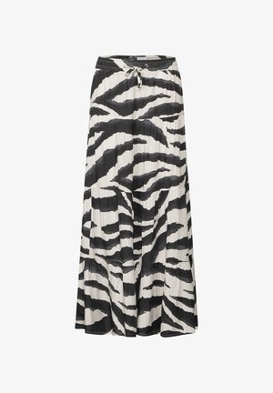 Jupe midi à rayures zèbre noir et blanc avec un design plissé, taille élastique et détail à cordon pour un ajustement réglable. Fabriquée en tissu léger.