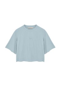 Maglione cropped blu chiaro con ampie maniche a sbuffo. Realizzato in tessuto morbido, presenta un collo a giro e un sottile dettaglio del logo sul davanti.