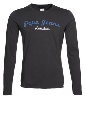 Schwarzes Langarm-T-Shirt aus Baumwolle mit Rundhalsausschnitt. Mit besticktem blauen Schriftzug "Pepe Jeans London" auf der Brust.