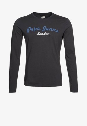 Schwarzes Langarm-T-Shirt aus Baumwolle mit Rundhalsausschnitt. Mit besticktem blauen Schriftzug "Pepe Jeans London" auf der Brust.