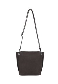 Bolso tote de cuero marrón oscuro con un diseño simple, base plana, correa ajustable y herrajes en tono plateado. Sin patrones ni acentos visibles.