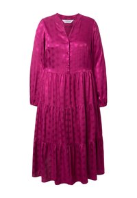 Fuchsia Kleid mit Knopfleiste und gestuftem Design, aus glattem Stoff mit subtilen Mustern und langen Ärmeln.