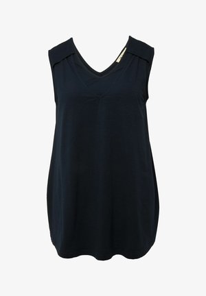 Marineblaues ärmelloses Top mit V-Ausschnitt und strukturiertem Schulterdetail. Hergestellt aus weichem Stoff, mit lässiger Passform und abgerundetem Saum.