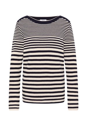 Pull rayé avec des bandes horizontales bleu marine et crème, manches longues, col rond et texture tricot douce. Marque : CECIL.