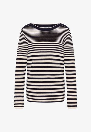 Suéter a rayas con franjas horizontales en navy y crema, mangas largas, cuello redondo y una textura de punto suave. Marca: CECIL.