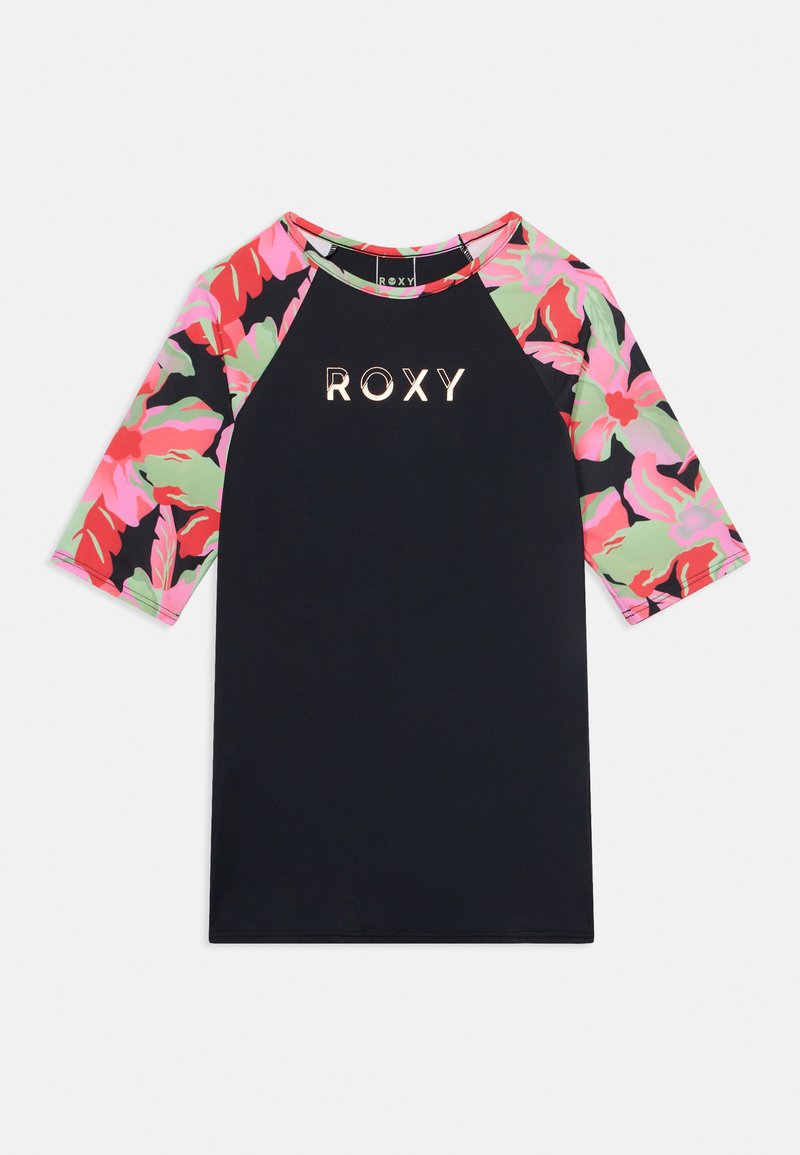 Lyhythihainen musta rash guard, jossa on kukkakuosiset hihat pinkkeinä, vihreinä ja punaisina. "ROXY"-logo metallinhohtoisena kultana rinnassa.