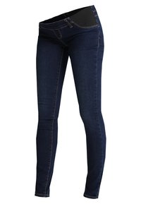 Jeans de maternidad ajustados en azul oscuro, con un panel abdominal negro elástico y un clásico estilo de cinco bolsillos.