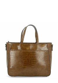 Bruine faux krokodil leren tote bag met twee handvatten en een glanzende, gestructureerde afwerking.