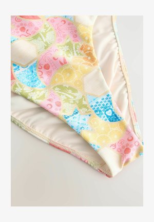 Bikini-Unterteil zum Schwimmen aus farbenfrohem, gemustertem Stoff in Pink, Blau, Gelb und Grün mit geometrischen Formen und floralen Designs.