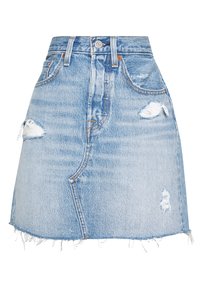 Světle modrá džínová sukně s vysokým pasem, zdobená třepeným lemem a opotřebovanými detaily. Klasický design s pěti kapsami a zapínání na stříbrný knoflík.