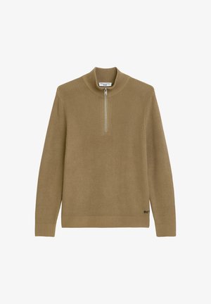 Beżowy sweter z dzianiny z wysokim kołnierzem i pół-zamkiem. Posiada prążkowaną fakturę oraz małe logo po dolnej stronie. Długie rękawy.